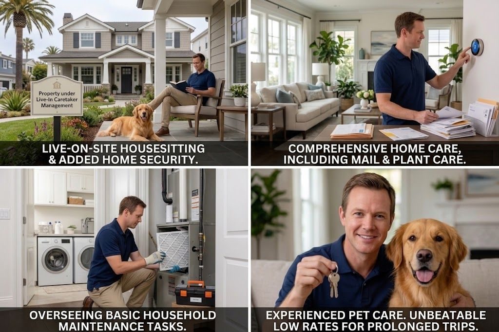House sitting, mail, plant care, pet care and home oversight examples