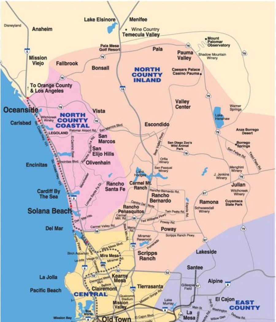 Map of North County San Diego showing Carlsbad, Encinitas, Cardiff-by-the-Sea, Solana Beach, Del Mar, Rancho Santa Fe, and nearby areas